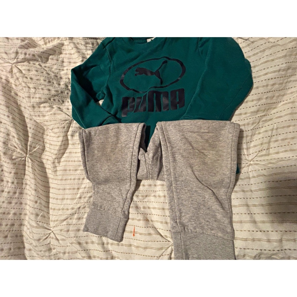 PUMA Boys 5T 2pc Fleece Outfit Set Green Pullover Sweatshirt Gray Joggers